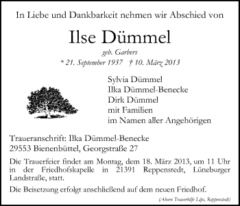 Traueranzeige von Ilse Dümmel von Uelzen