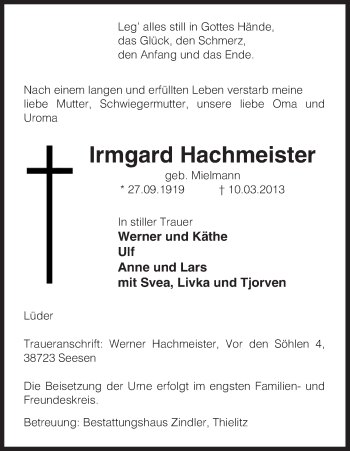 Traueranzeige von Irmgard Hachmeister von Uelzen