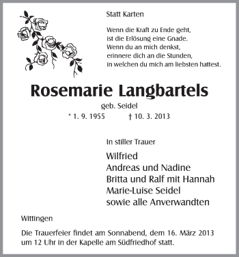Traueranzeige von Rosemarie Langbartels von Uelzen