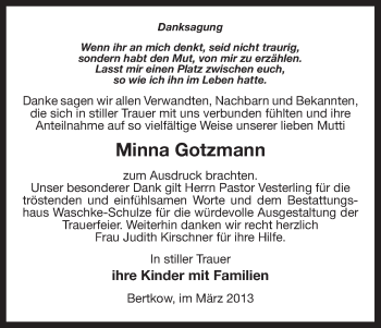 Traueranzeige von Minna Gotzmann von Uelzen