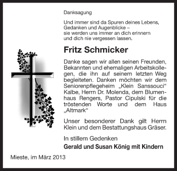 Traueranzeige von Fritz Schmicker von Uelzen
