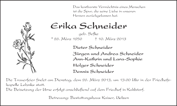 Traueranzeige von Erika Schneider von Uelzen