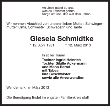 Traueranzeige von Giesela Schmidtke von Uelzen