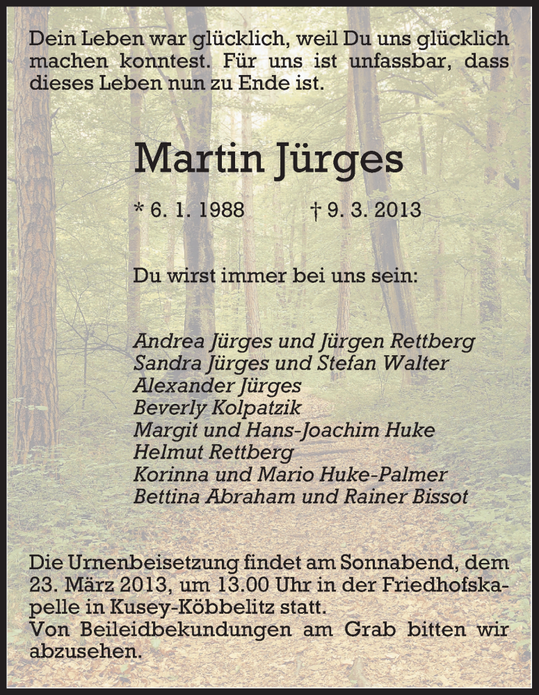  Traueranzeige für Martin Jürges vom 15.03.2013 aus Uelzen