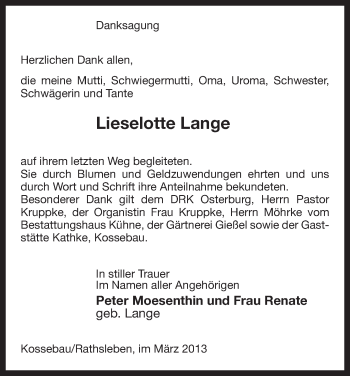 Traueranzeige von Lieselotte Lange von Uelzen