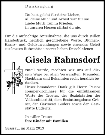 Traueranzeige von Gisela Rahmsdorf von Uelzen