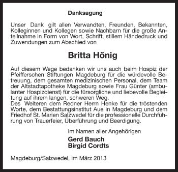 Traueranzeige von Britta Hönig von Uelzen