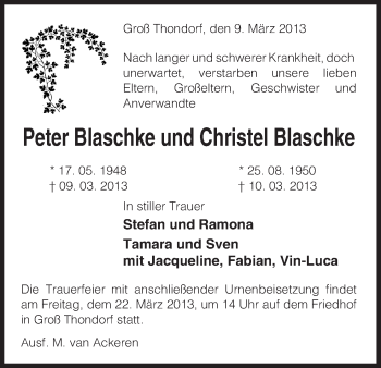 Traueranzeige von Peter und Christel Blaschke von Uelzen