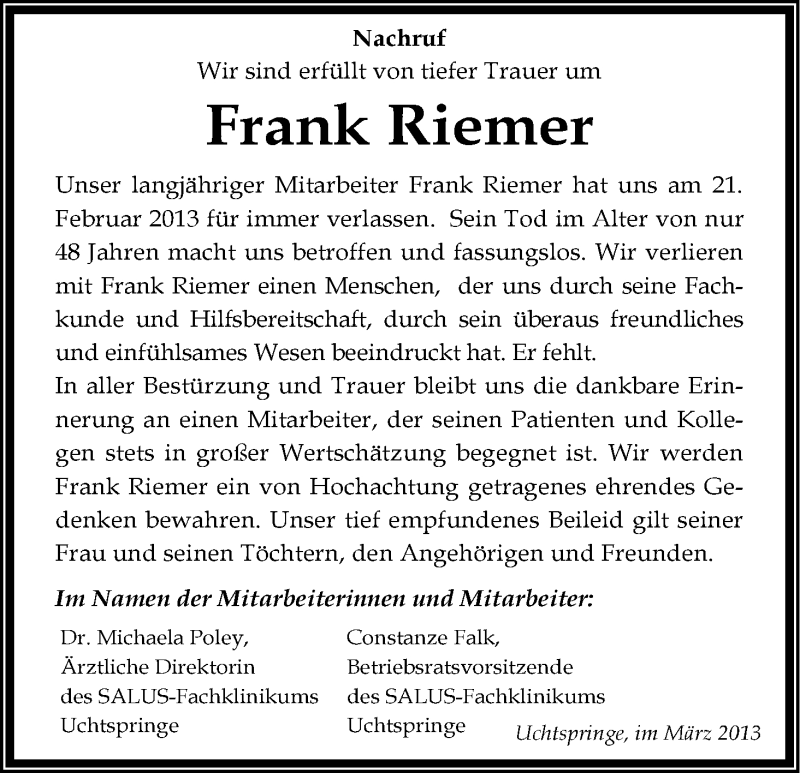  Traueranzeige für Frank Riemer vom 16.03.2013 aus Uelzen