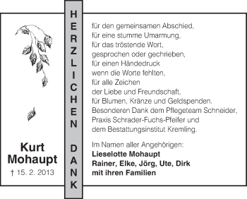 Traueranzeige von Kurt Mohaupt von Uelzen