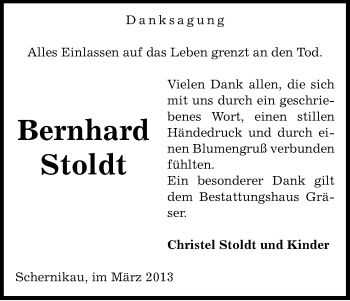 Traueranzeige von Bernhard Stoldt von Uelzen