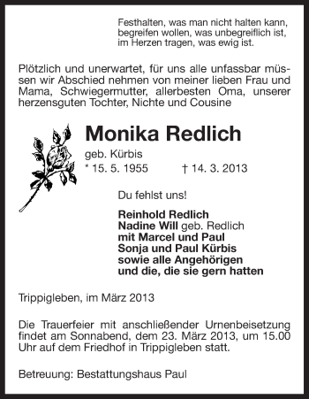 Traueranzeige von Monika Redlich von Uelzen