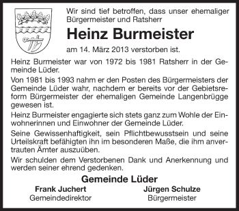 Traueranzeige von Heinz Burmeister von Uelzen