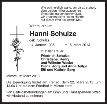 Traueranzeige von Hanni Schulze von Uelzen