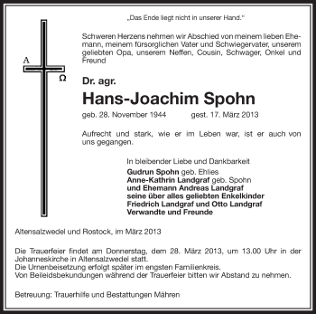 Traueranzeige von Hans-Joachim Spohn von Uelzen