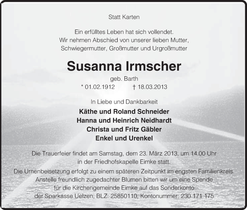  Traueranzeige für Susanna Irmscher vom 20.03.2013 aus Uelzen