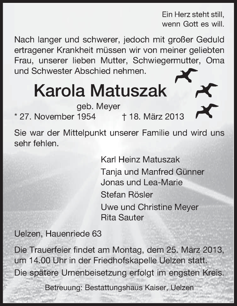  Traueranzeige für Karola Matuszak vom 21.03.2013 aus Uelzen