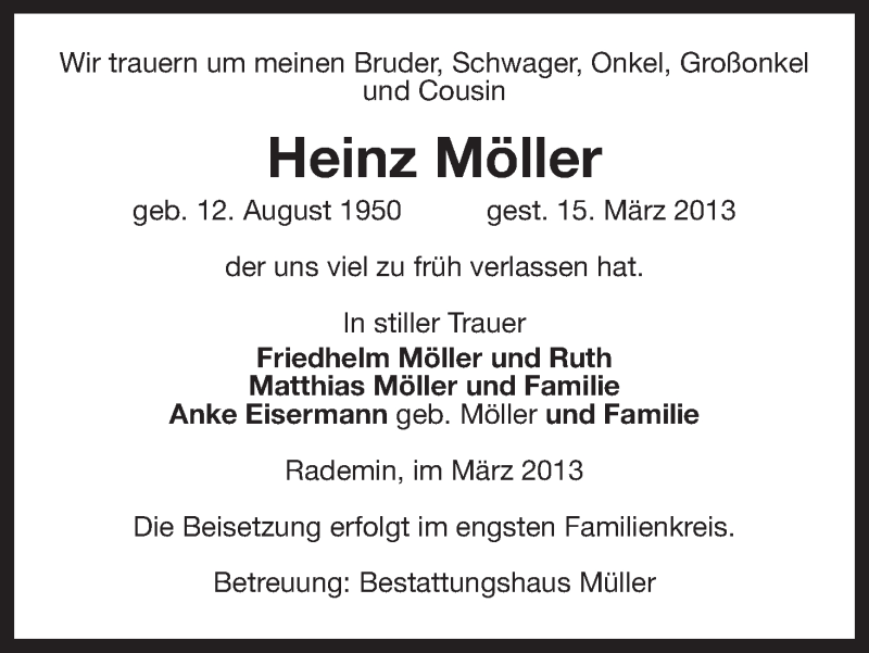  Traueranzeige für Heinz Möller vom 23.03.2013 aus Uelzen