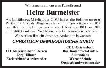 Traueranzeige von Heinz Burmeister von Uelzen