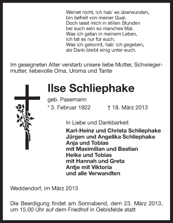 Traueranzeige von Ilse Schliephake von Uelzen