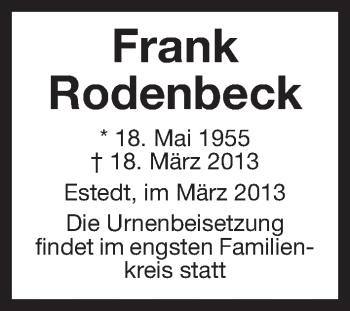 Traueranzeige von Frank Rodenbeck von Uelzen