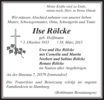 Traueranzeige von Ilse Rölcke von Uelzen