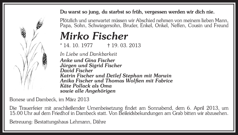  Traueranzeige für Mirko Fischer vom 21.03.2013 aus Uelzen
