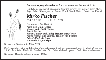 Traueranzeige von Mirko Fischer von Uelzen