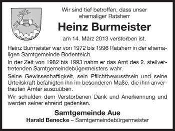 Traueranzeige von Heinz Burmeister von Uelzen