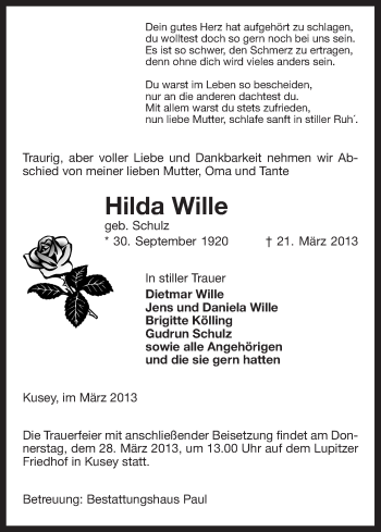 Traueranzeige von Hilda Wille von Uelzen