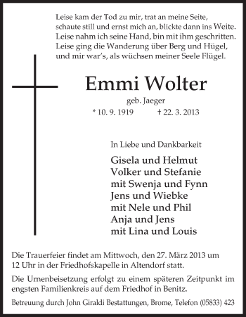 Traueranzeige von Emmi Wolter von Uelzen