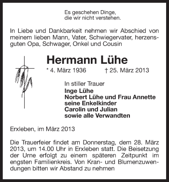 Traueranzeige von Hermann Lühe von Uelzen