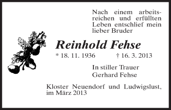 Traueranzeige von Reinhold Fehse von Uelzen