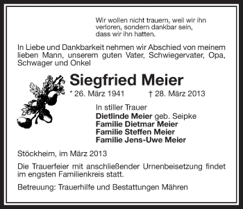 Traueranzeige von Siegfried Meier von Uelzen