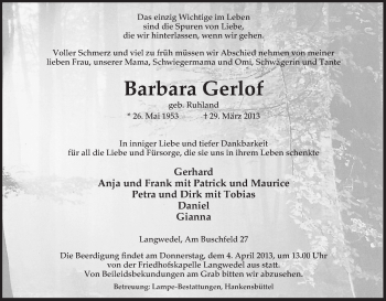 Traueranzeige von Barbara Gerlof von Uelzen