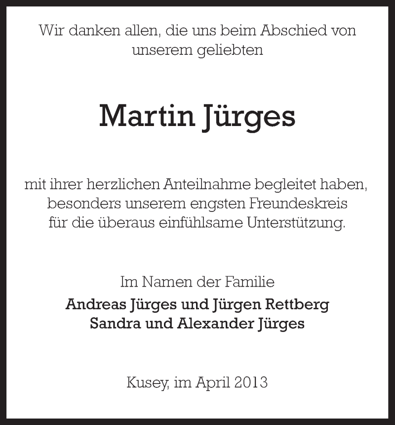  Traueranzeige für Martin Jürges vom 06.04.2013 aus Uelzen