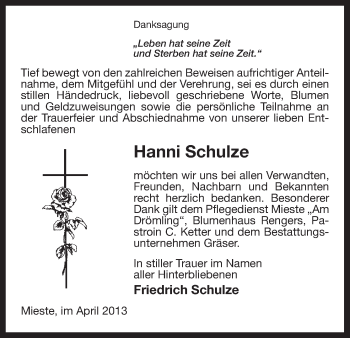 Traueranzeige von Hanni Schulze von Uelzen