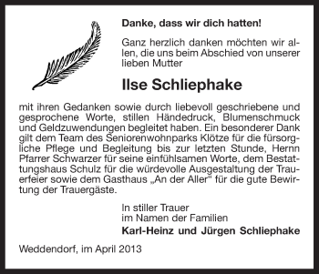 Traueranzeige von Ilse Schliephake von Uelzen