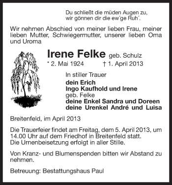 Traueranzeige von Irene Felke von Uelzen