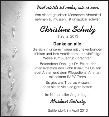 Traueranzeige von Christine Schulz von Uelzen