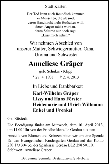 Traueranzeige von Anneliese Gräper von Uelzen