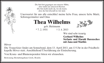 Traueranzeige von Thea Wilhelms, von Uelzen