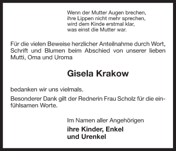 Traueranzeige von Gisela Krakow von Uelzen