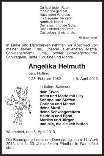 Traueranzeige von Angelika Helmuth von Uelzen