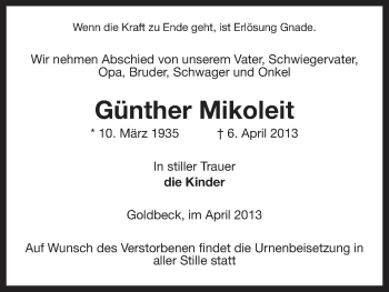 Traueranzeige von Günther Mikoleit von Uelzen