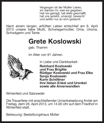 Traueranzeige von Grete Koslowski von Uelzen