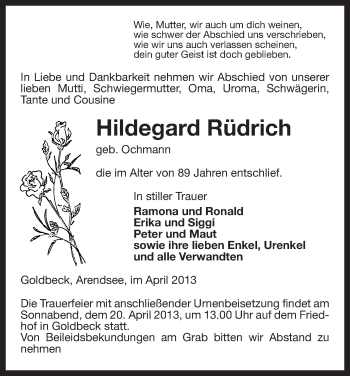 Traueranzeige von Hildegard Rüdrich von Uelzen