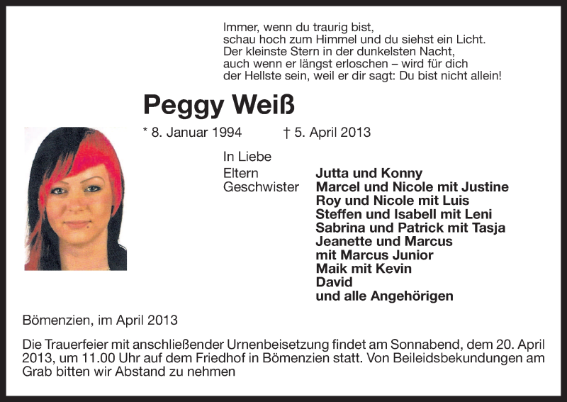  Traueranzeige für Peggy Weiß vom 09.04.2013 aus Uelzen