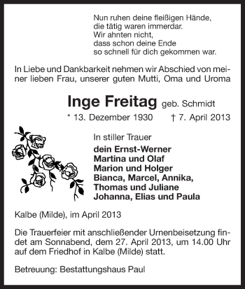 Traueranzeige von Inge Freitag von Uelzen