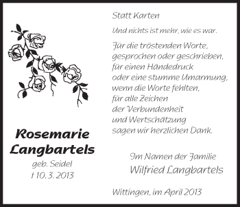 Traueranzeige von Rosemarie Langbartels von Uelzen